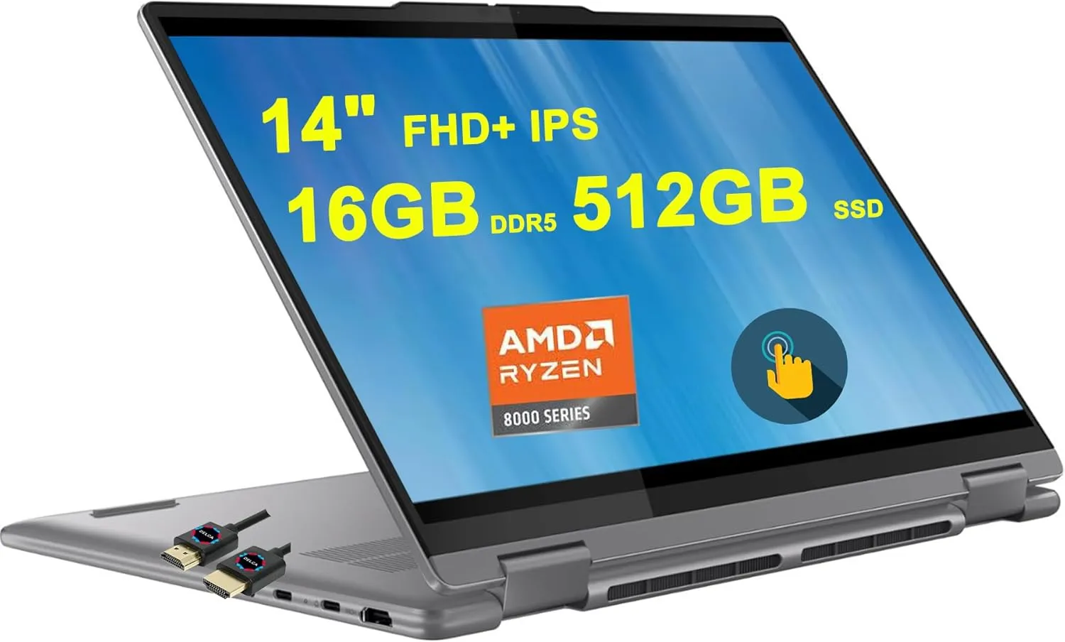 Lenovo Yoga 7 2-in-1 AI PC Laptop | 14" FHD  IPS Touch AMD Zen4 8-core Ryzen 7 8840HS (>i7-12700H) | 16GB DDR5 512GB SSD | Backlit Fingerprint Long-Lasting Battery Win11Pro Gray   HDMI Cable