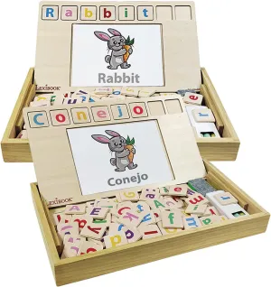 LEXIBOOK EDU100i2 Bio Toys School, Bilingual Spanish/English, Wooden, 50 Word Cards, Alphabet, Educational Game, Medium