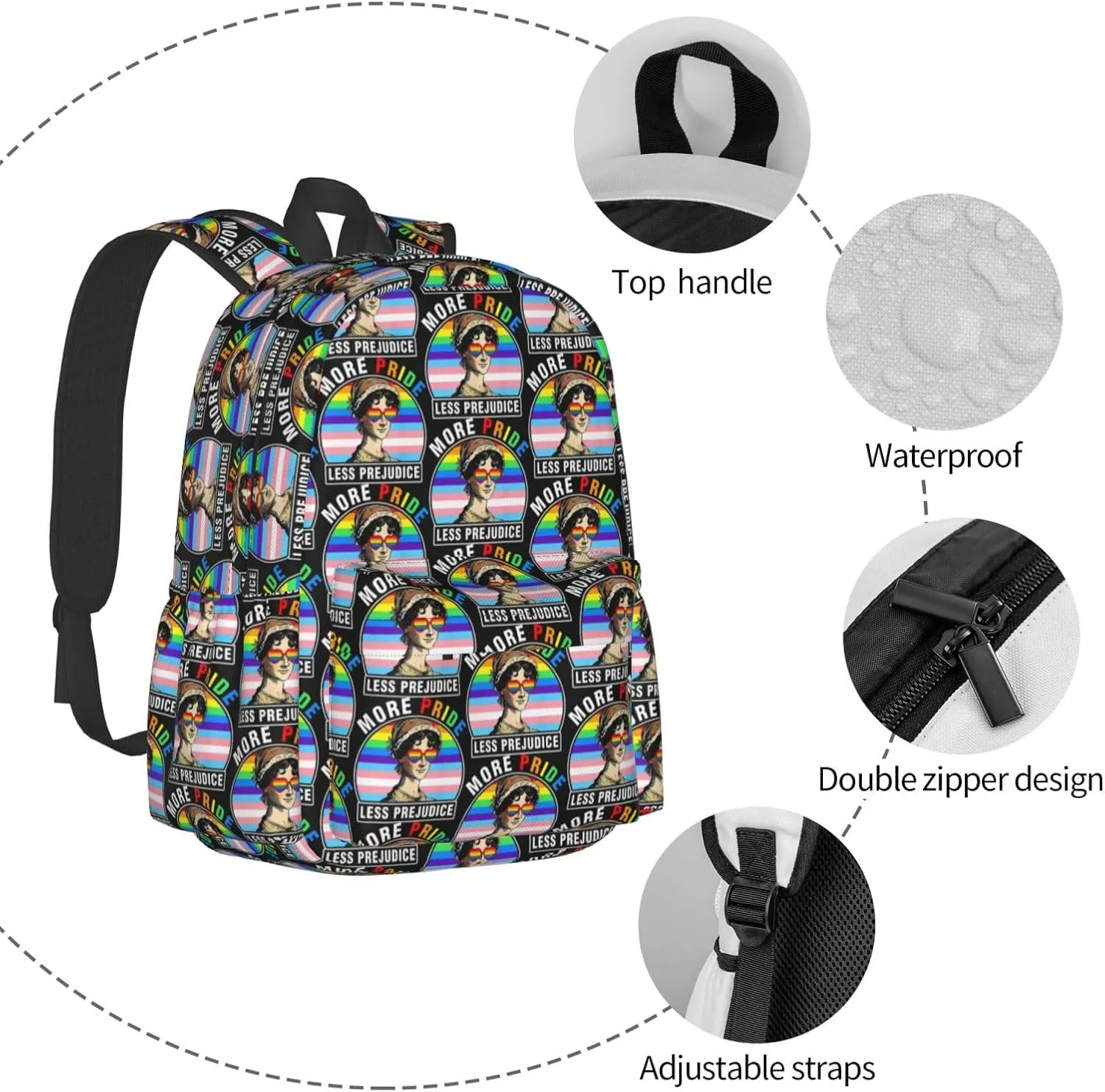 Lgbt Pride Rainbow Gay More Pride Less Prejudice Laptop Backpack Shoulder Bag Laptop Pack Travel Backpacks Commuter Back Pack Casual Daypack Bags With Side Pockets