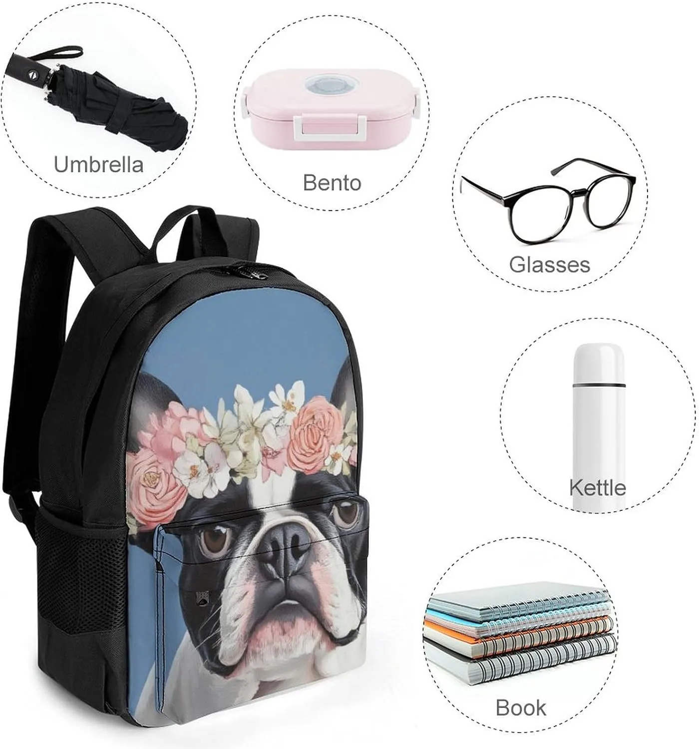 Lightweight Daypack Backpack for Trekking Work Running - Big Capacity Multipurpose Anti-Theft Bookbag, French Bulldog Head Flowers Business Computer Bag