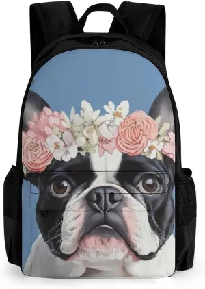 Lightweight Daypack Backpack for Trekking Work Running - Big Capacity Multipurpose Anti-Theft Bookbag, French Bulldog Head Flowers Business Computer Bag