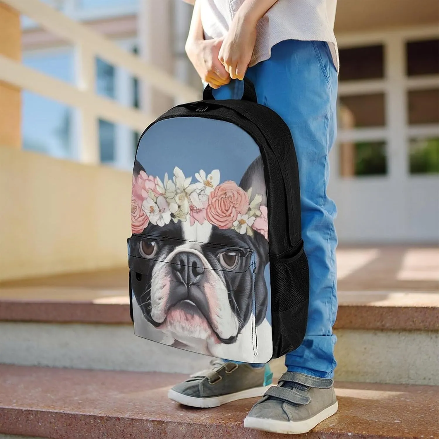 Lightweight Daypack Backpack for Trekking Work Running - Big Capacity Multipurpose Anti-Theft Bookbag, French Bulldog Head Flowers Business Computer Bag