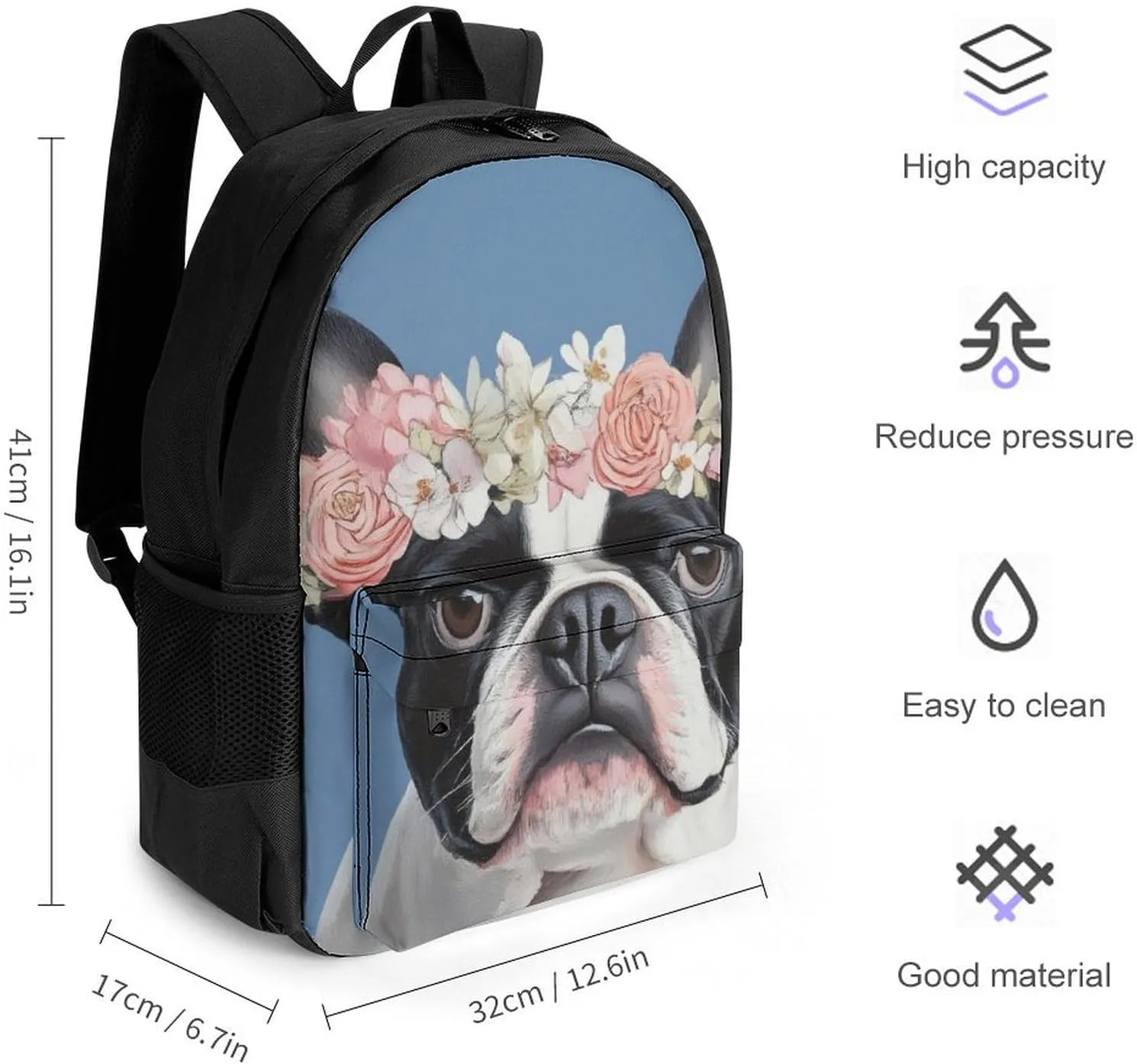 Lightweight Daypack Backpack for Trekking Work Running - Big Capacity Multipurpose Anti-Theft Bookbag, French Bulldog Head Flowers Business Computer Bag