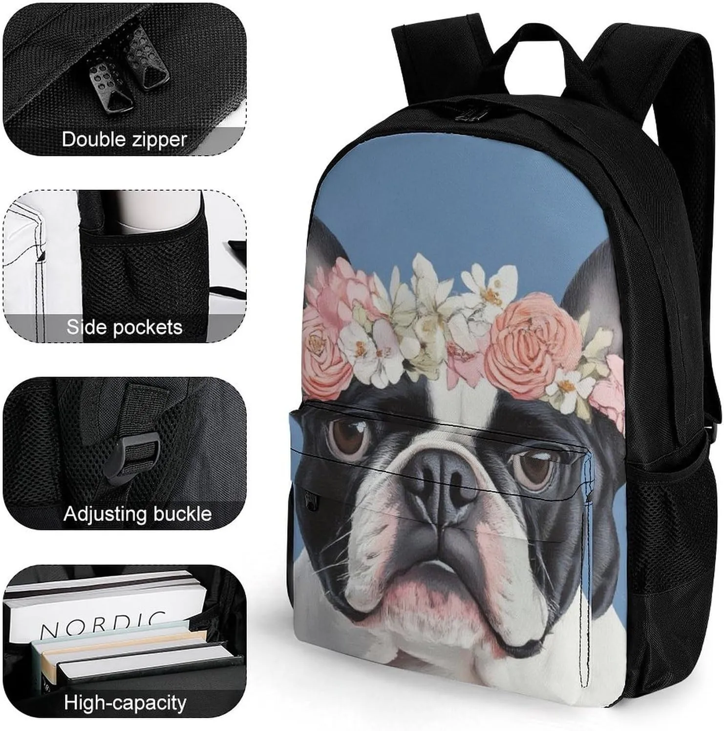 Lightweight Daypack Backpack for Trekking Work Running - Big Capacity Multipurpose Anti-Theft Bookbag, French Bulldog Head Flowers Business Computer Bag