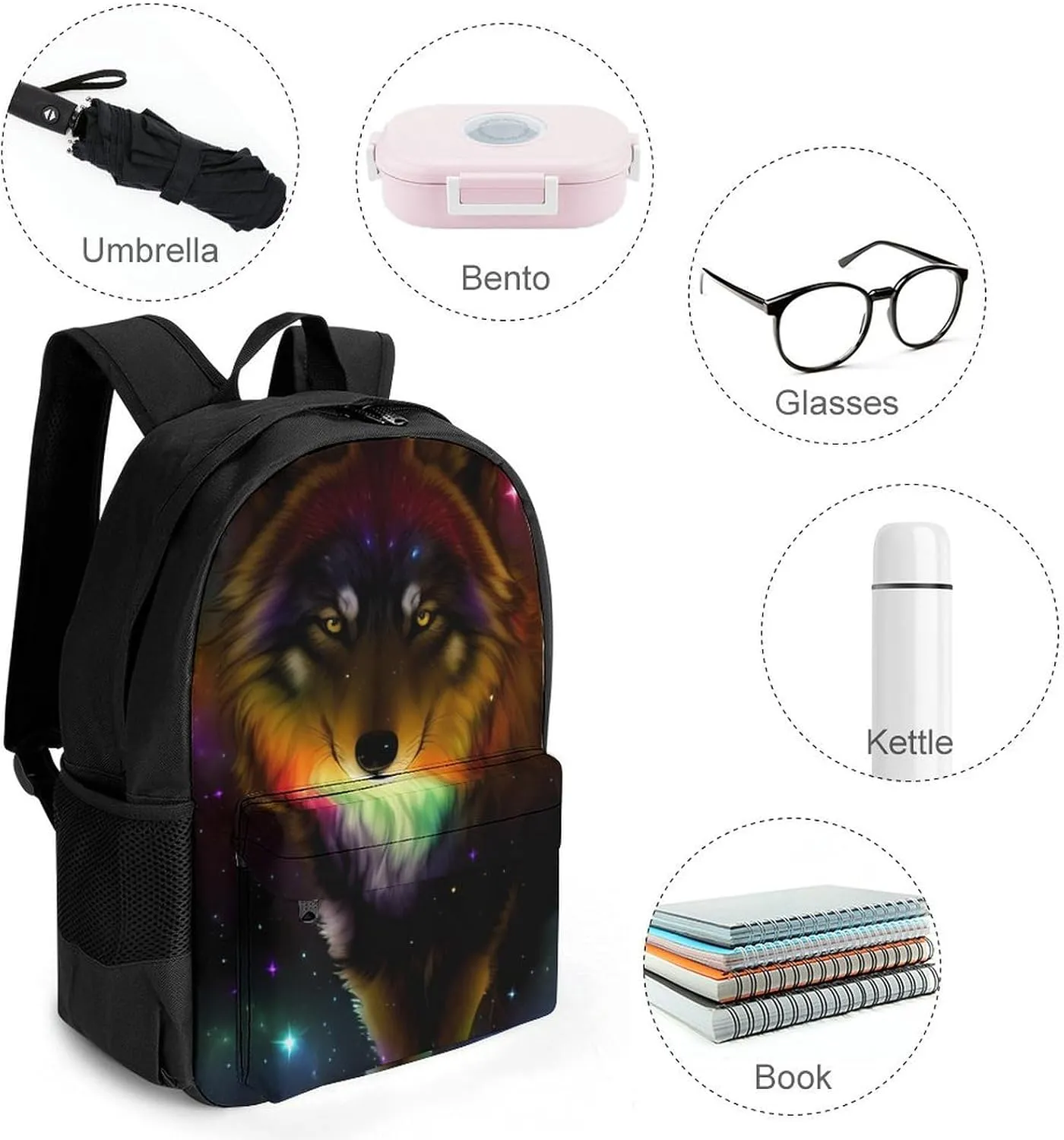 Lightweight Daypack Bookbag for Trekking Business Walking Cycling - Big Capacity Anti-Theft Multipurpose Carry On Bag, Galaxy Psychedelic Wolf Night Sky Space Art Business Computer Bag