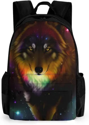Lightweight Daypack Bookbag for Trekking Business Walking Cycling - Big Capacity Anti-Theft Multipurpose Carry On Bag, Galaxy Psychedelic Wolf Night Sky Space Art Business Computer Bag