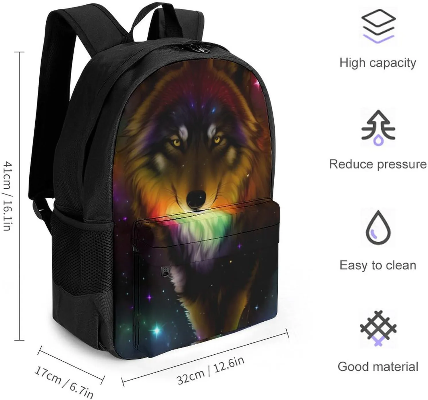 Lightweight Daypack Bookbag for Trekking Business Walking Cycling - Big Capacity Anti-Theft Multipurpose Carry On Bag, Galaxy Psychedelic Wolf Night Sky Space Art Business Computer Bag