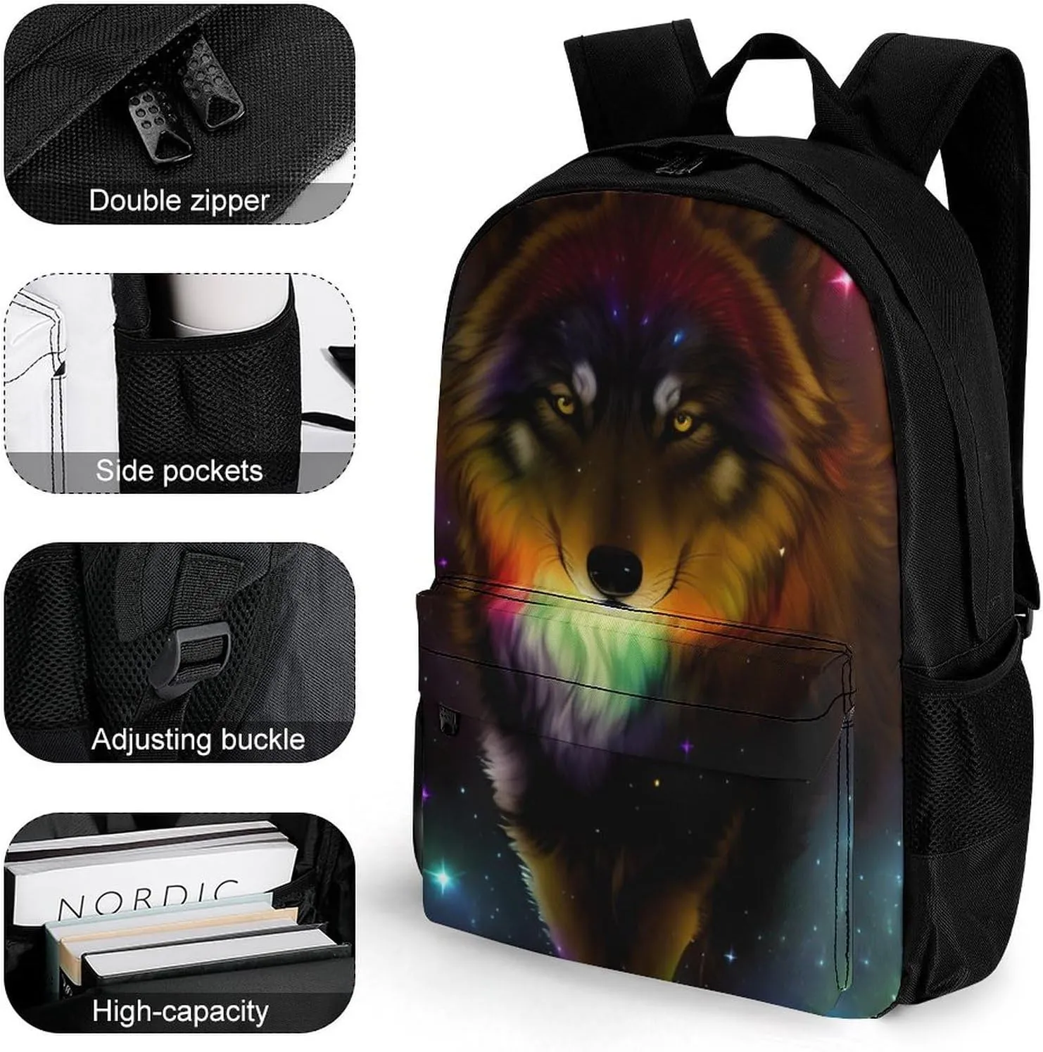 Lightweight Daypack Bookbag for Trekking Business Walking Cycling - Big Capacity Anti-Theft Multipurpose Carry On Bag, Galaxy Psychedelic Wolf Night Sky Space Art Business Computer Bag