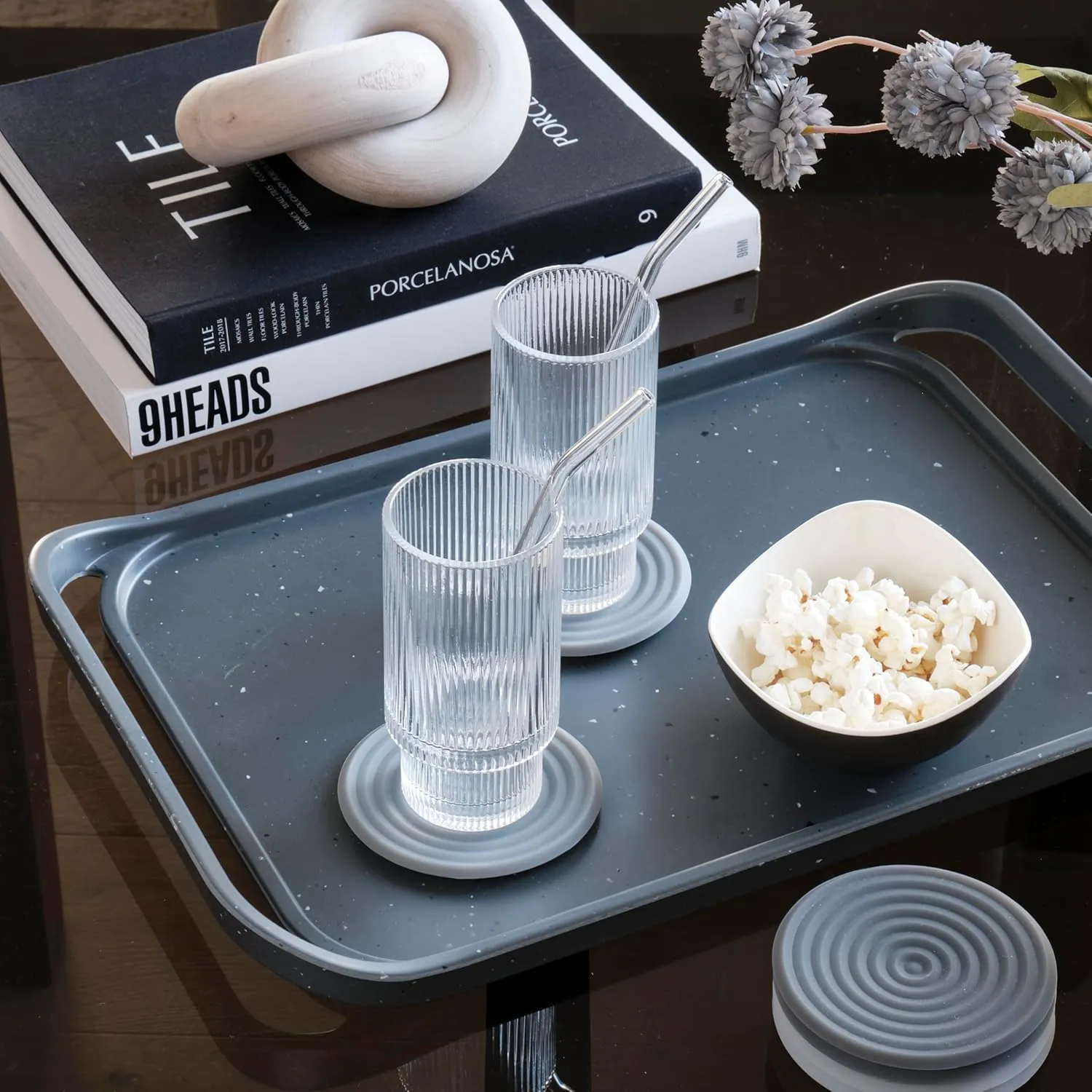 LINE ARC Waterproof, Easy-to-Clean, 18"x12" Serving Tray Extra Large Handles (Slate) 100% Food-Grade Melamine for Breakfast, Dinner, Bed, Tea, Crafts, Decorative, TV, Couch, Outdoor, Patio