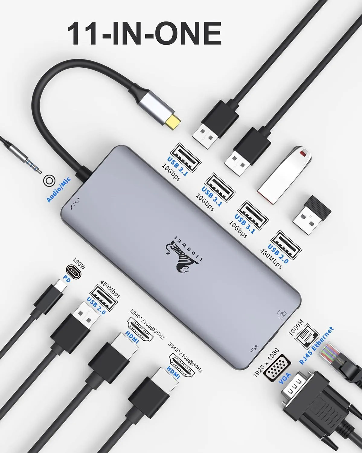 LIONWEI 11 in 1 USB C Laptop Docking Station Dual Monitor, Dual 4K HDMI VGA, 3 * 10Gbps USB 3.1, PD, Ethernet, Audio/Mic, USB C Hub for Dell/Surface/HP/Lenovo Laptops