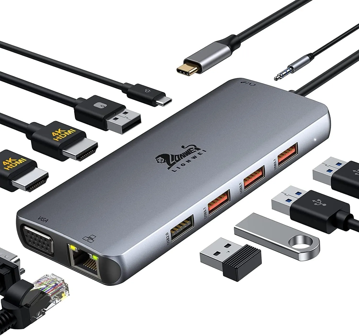 LIONWEI 11 in 1 USB C Laptop Docking Station Dual Monitor, Dual 4K HDMI VGA, 3 * 10Gbps USB 3.1, PD, Ethernet, Audio/Mic, USB C Hub for Dell/Surface/HP/Lenovo Laptops