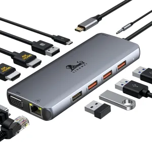 LIONWEI 11 in 1 USB C Laptop Docking Station Dual Monitor, Dual 4K HDMI VGA, 3 * 10Gbps USB 3.1, PD, Ethernet, Audio/Mic, USB C Hub for Dell/Surface/HP/Lenovo Laptops