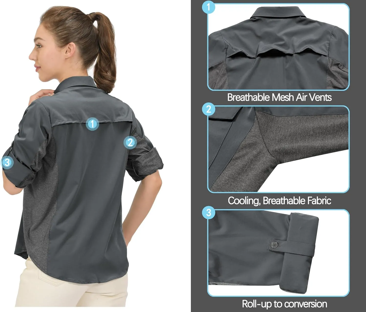 Little Donkey Andy Women's Stretch Quick Dry UPF50  Long Sleeve Shirt for Hiking, Travel, Camping