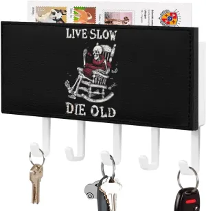 Live Slow Die Old Novelty Key Holder Funny Keys Hook Mail Organizer Hanging Rack Decor with 5 Hooks for Wall