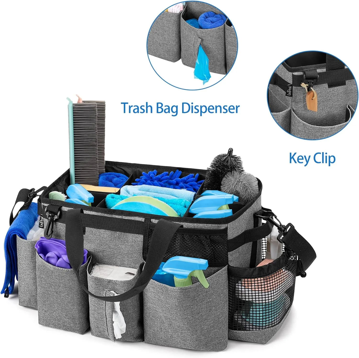 LoDrid Wearable Cleaning Caddy Bag with 4 Foldable Dividers, Cleaning Supply Organizer with Shoulder Strap and Side Handles for Cleaners & Housekeepers, Grey