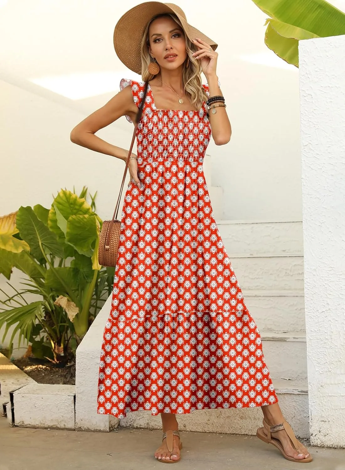 LOLONG Maxi Dress for Women Summer Boho Spaghetti Strap Square Neck Ruffle Beach Sun Dress