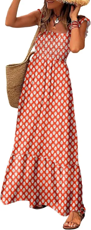LOLONG Maxi Dress for Women Summer Boho Spaghetti Strap Square Neck Ruffle Beach Sun Dress