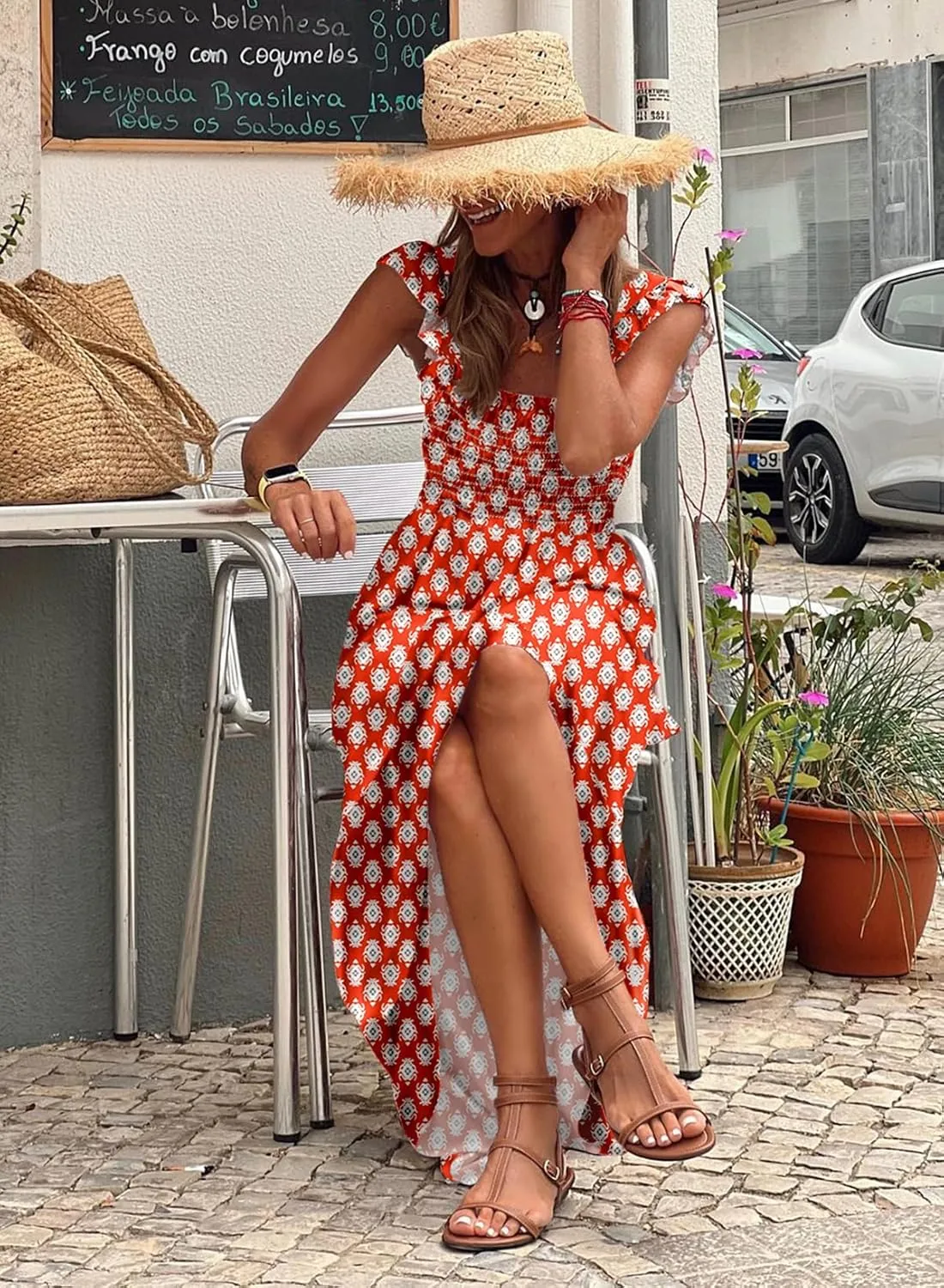 LOLONG Maxi Dress for Women Summer Boho Spaghetti Strap Square Neck Ruffle Beach Sun Dress