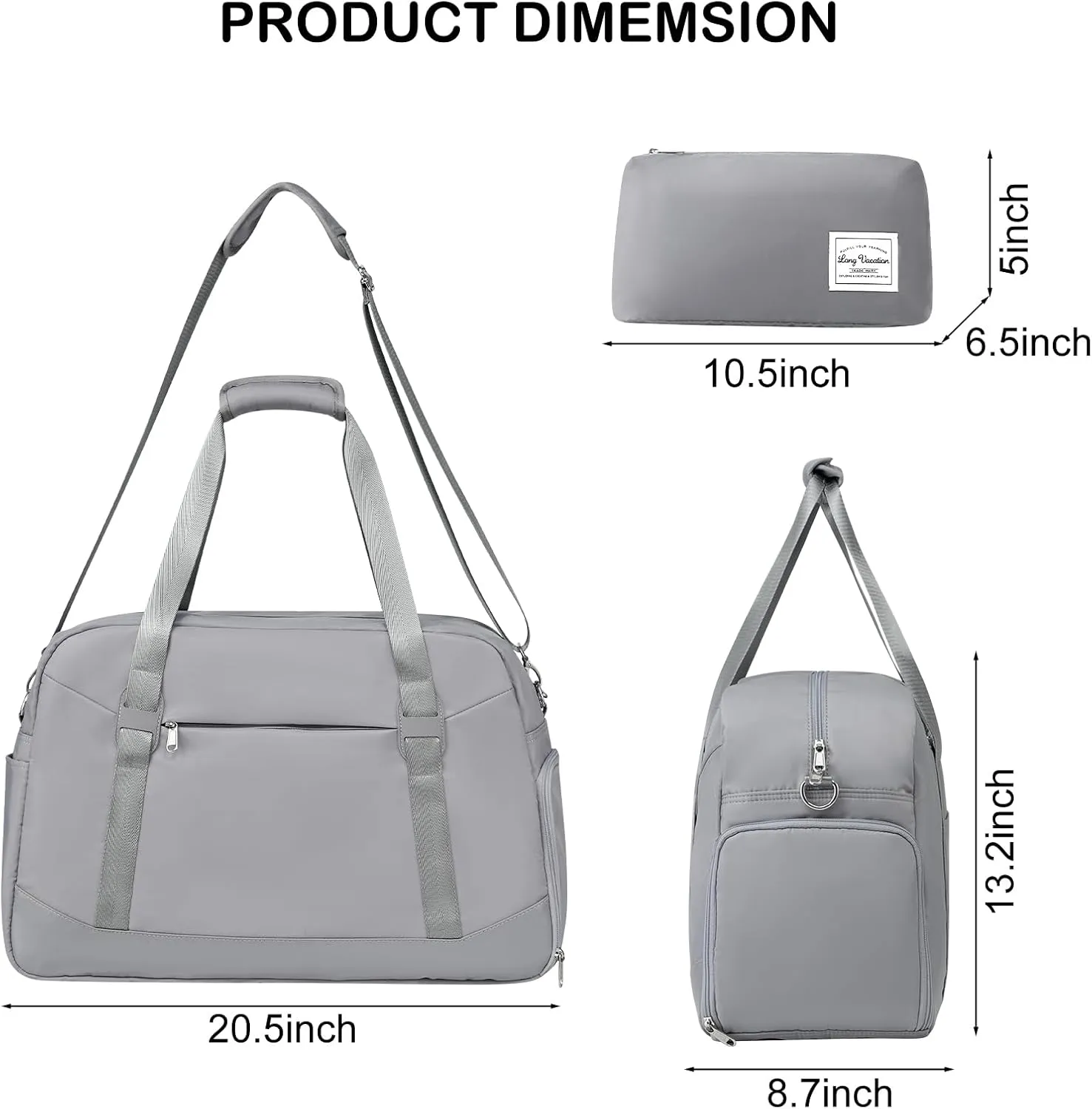 LONG VACATION Women's Travel Duffel Bag with Toiletry Bag, Sports Gym Bag Weekendeer Carry-on Tote with Shoe Compartment and Wet Pocket, Yoga Bag Fit 17.3inch Laptop (GREY, 21-inch)