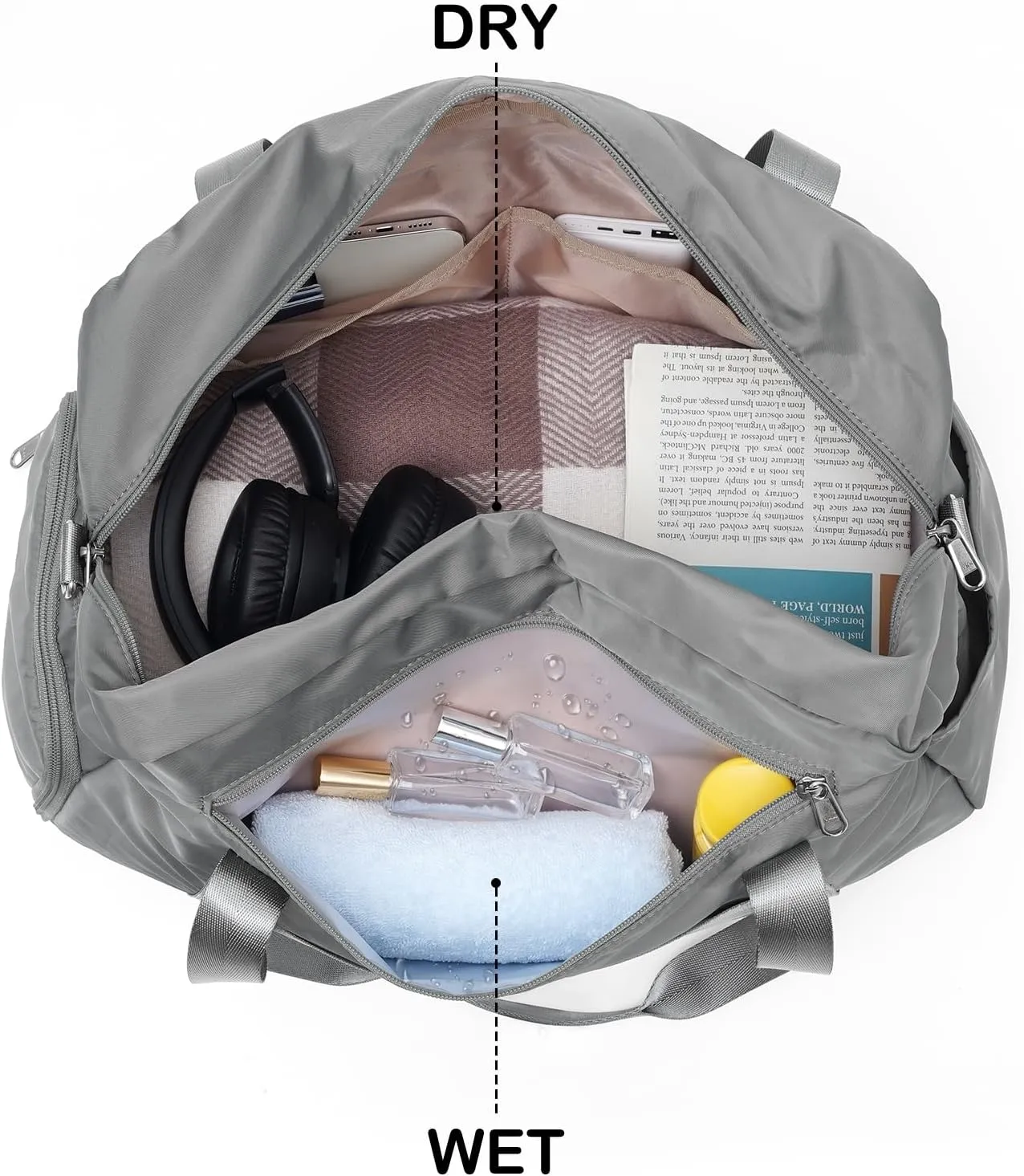 LONG VACATION Women's Travel Duffel Bag with Toiletry Bag, Sports Gym Bag Weekendeer Carry-on Tote with Shoe Compartment and Wet Pocket, Yoga Bag Fit 17.3inch Laptop (GREY, 21-inch)