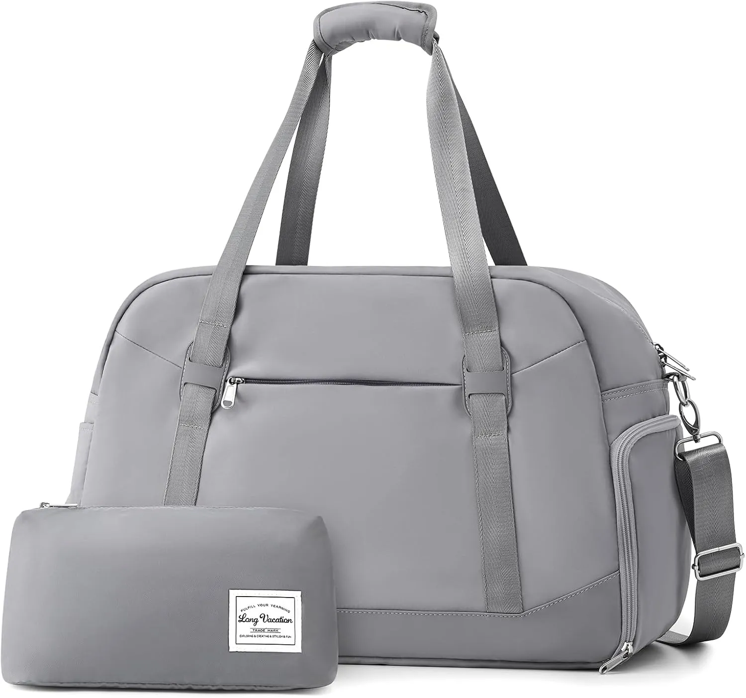 LONG VACATION Women's Travel Duffel Bag with Toiletry Bag, Sports Gym Bag Weekendeer Carry-on Tote with Shoe Compartment and Wet Pocket, Yoga Bag Fit 17.3inch Laptop (GREY, 21-inch)