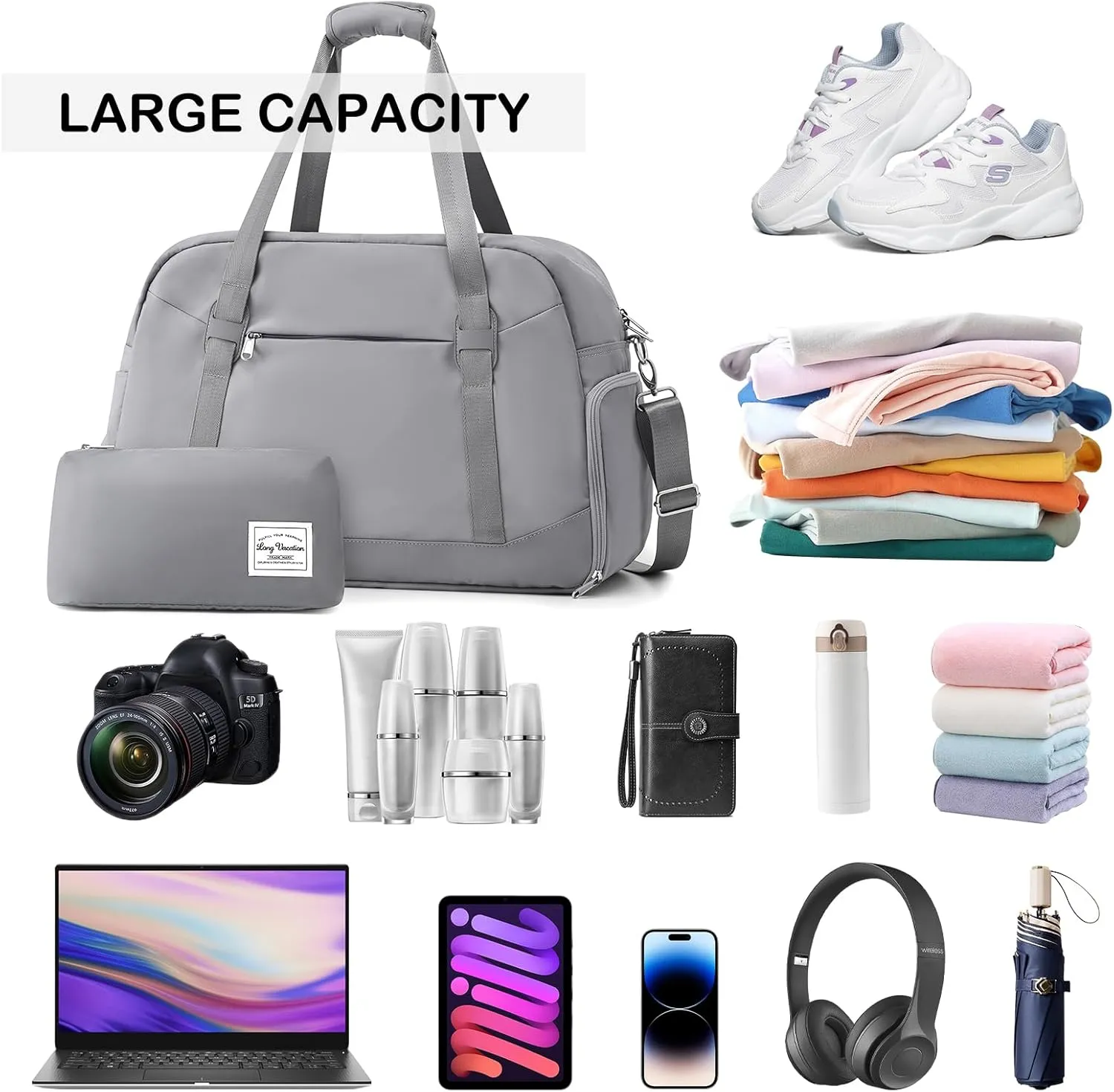 LONG VACATION Women's Travel Duffel Bag with Toiletry Bag, Sports Gym Bag Weekendeer Carry-on Tote with Shoe Compartment and Wet Pocket, Yoga Bag Fit 17.3inch Laptop (GREY, 21-inch)