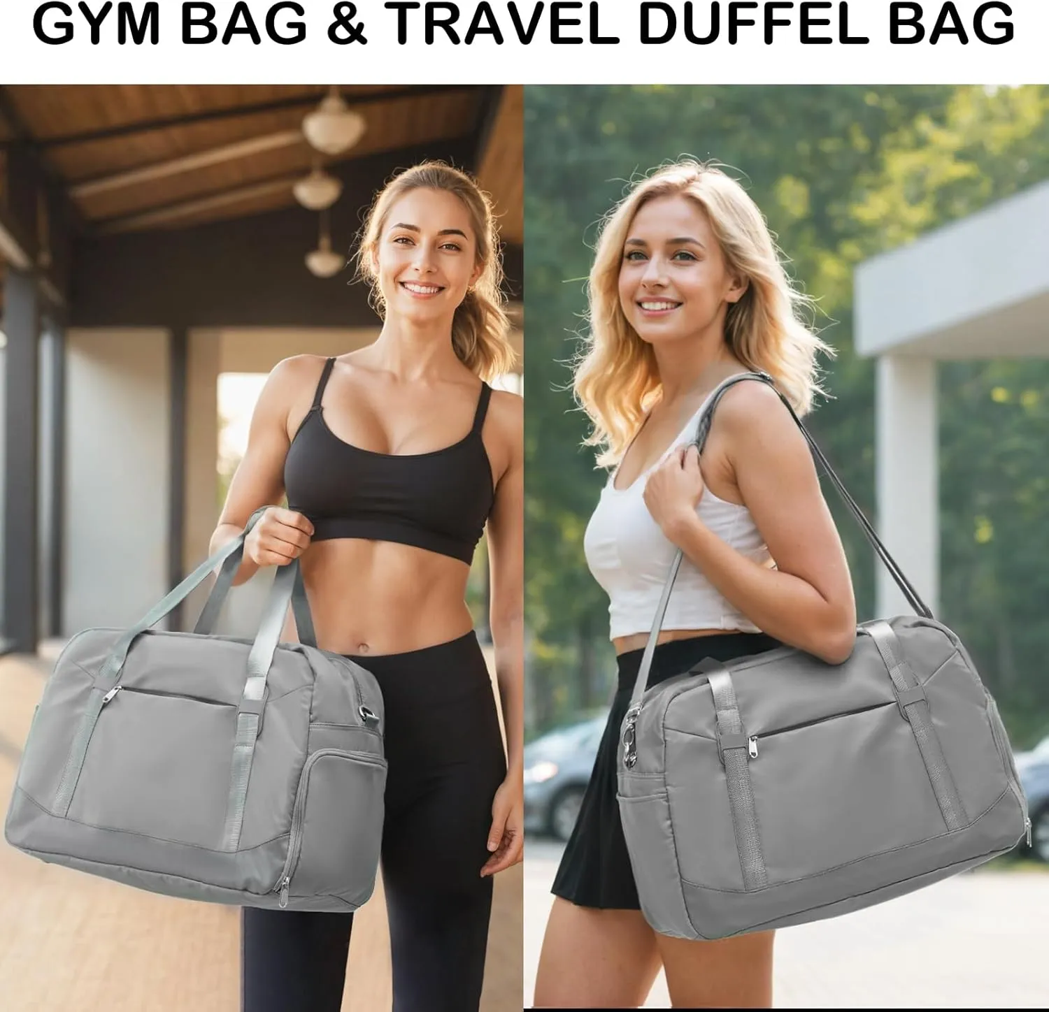 LONG VACATION Women's Travel Duffel Bag with Toiletry Bag, Sports Gym Bag Weekendeer Carry-on Tote with Shoe Compartment and Wet Pocket, Yoga Bag Fit 17.3inch Laptop (GREY, 21-inch)