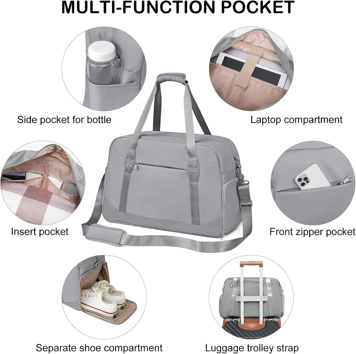 LONG VACATION Women's Travel Duffel Bag with Toiletry Bag, Sports Gym Bag Weekendeer Carry-on Tote with Shoe Compartment and Wet Pocket, Yoga Bag Fit 17.3inch Laptop (GREY, 21-inch)