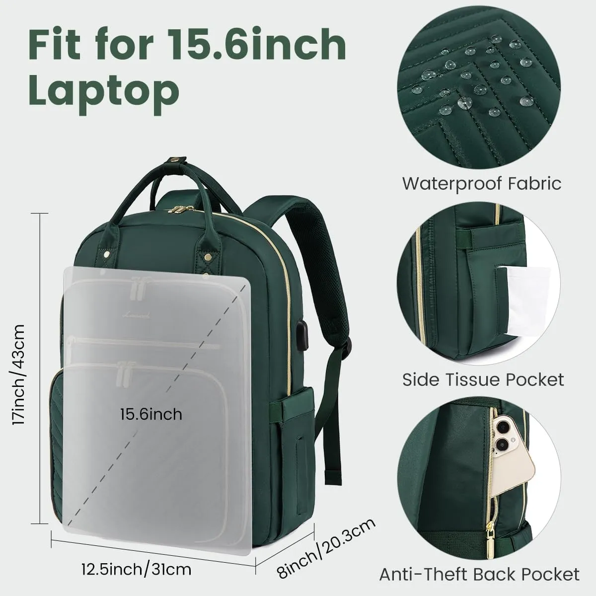 LOVEVOOK 15.6 Inch Laptop Backpack for Women,Fashion Work Travel Backpack,Waterproof Day Pack Purse for Teacher Nurse Dark Green