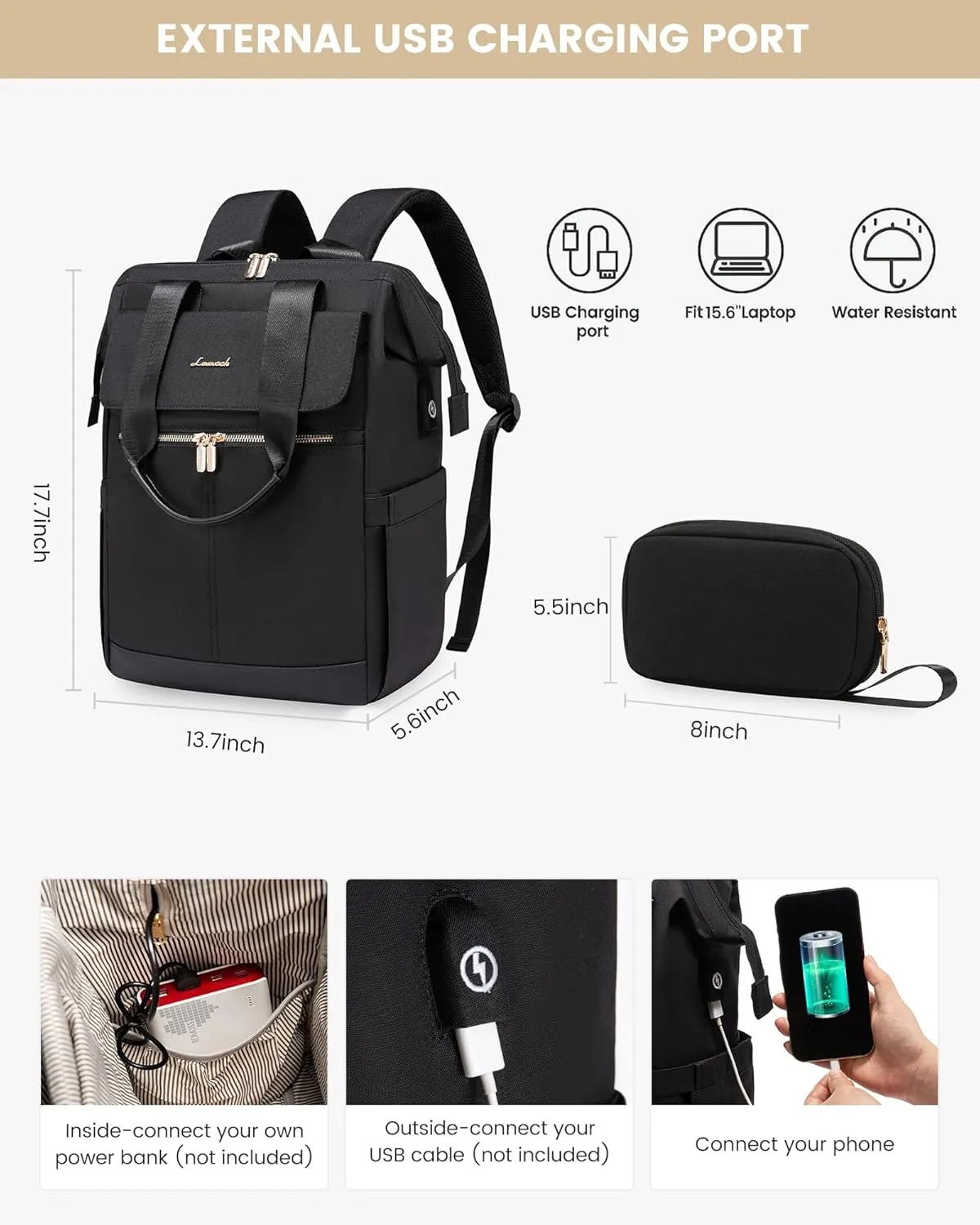 LOVEVOOK 17.3 Inch Laptop Backpack for Women, Large Capacity Travel Backpack with Organizer Bag, Waterproof Carry on Backpack Work Bag with USB Port, Teacher Nurse Backpack Purse, 2PCS, Black