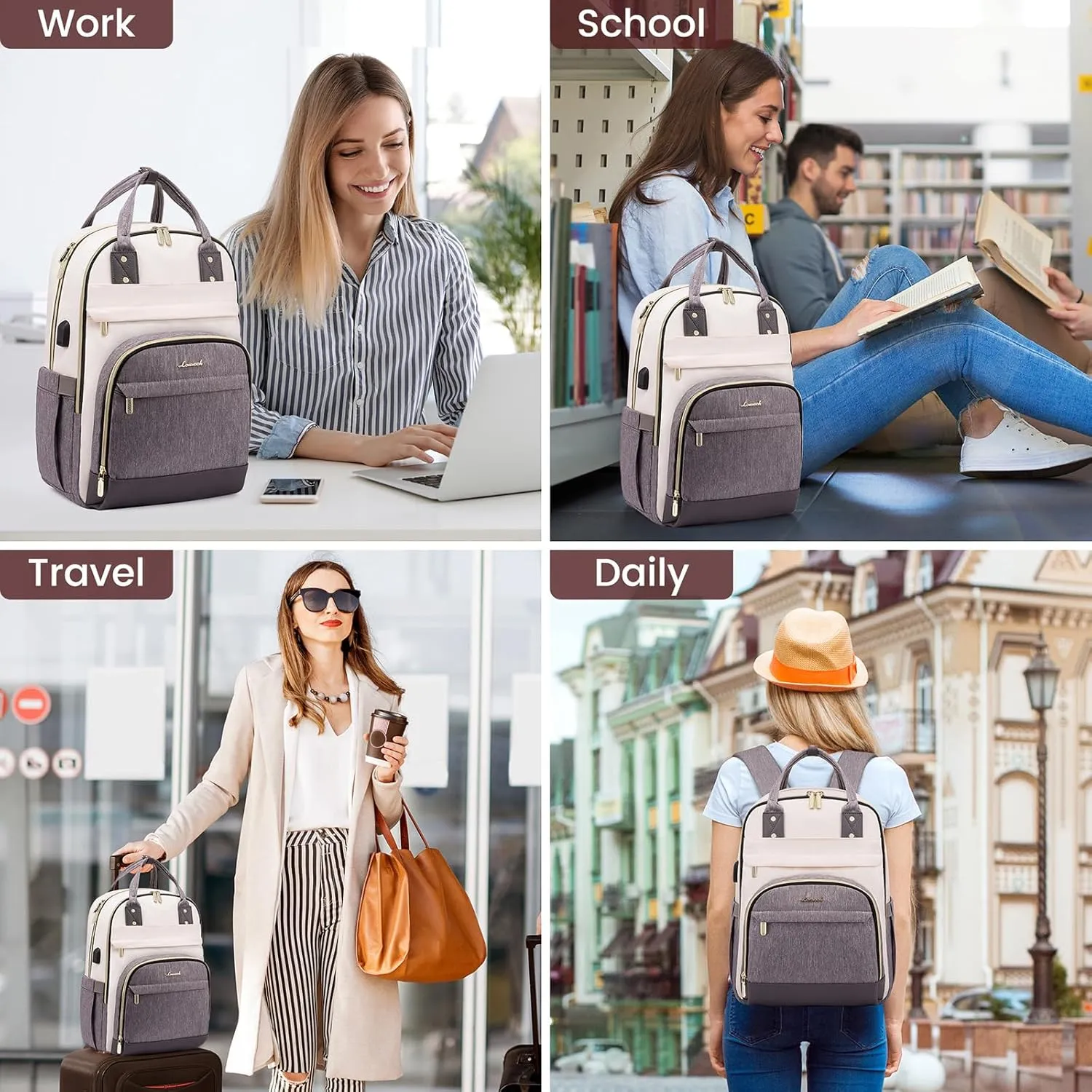 LOVEVOOK Backpack for Women,Laptop Backpack Women,Fits 17 Inch Laptop Bag,School Backpacks,Fashion Travel Work Anti-theft Bag,Waterproof Business Computer College Backpack Purse,Beige-Grey