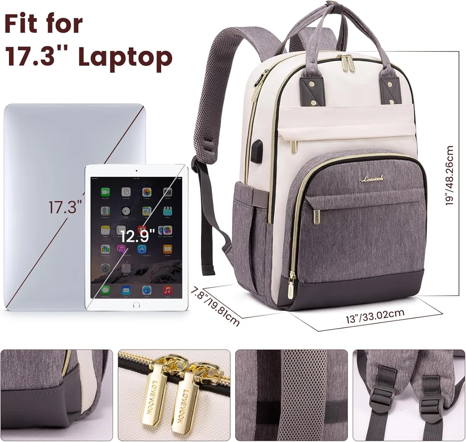 LOVEVOOK Backpack for Women,Laptop Backpack Women,Fits 17 Inch Laptop Bag,School Backpacks,Fashion Travel Work Anti-theft Bag,Waterproof Business Computer College Backpack Purse,Beige-Grey