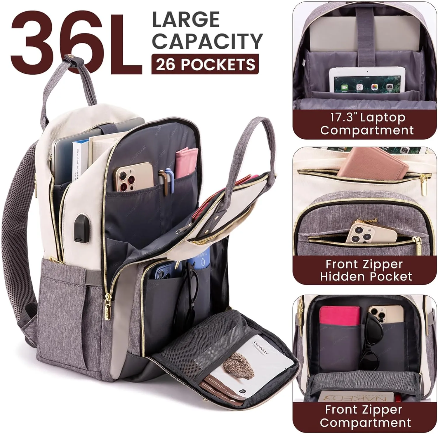 LOVEVOOK Backpack for Women,Laptop Backpack Women,Fits 17 Inch Laptop Bag,School Backpacks,Fashion Travel Work Anti-theft Bag,Waterproof Business Computer College Backpack Purse,Beige-Grey