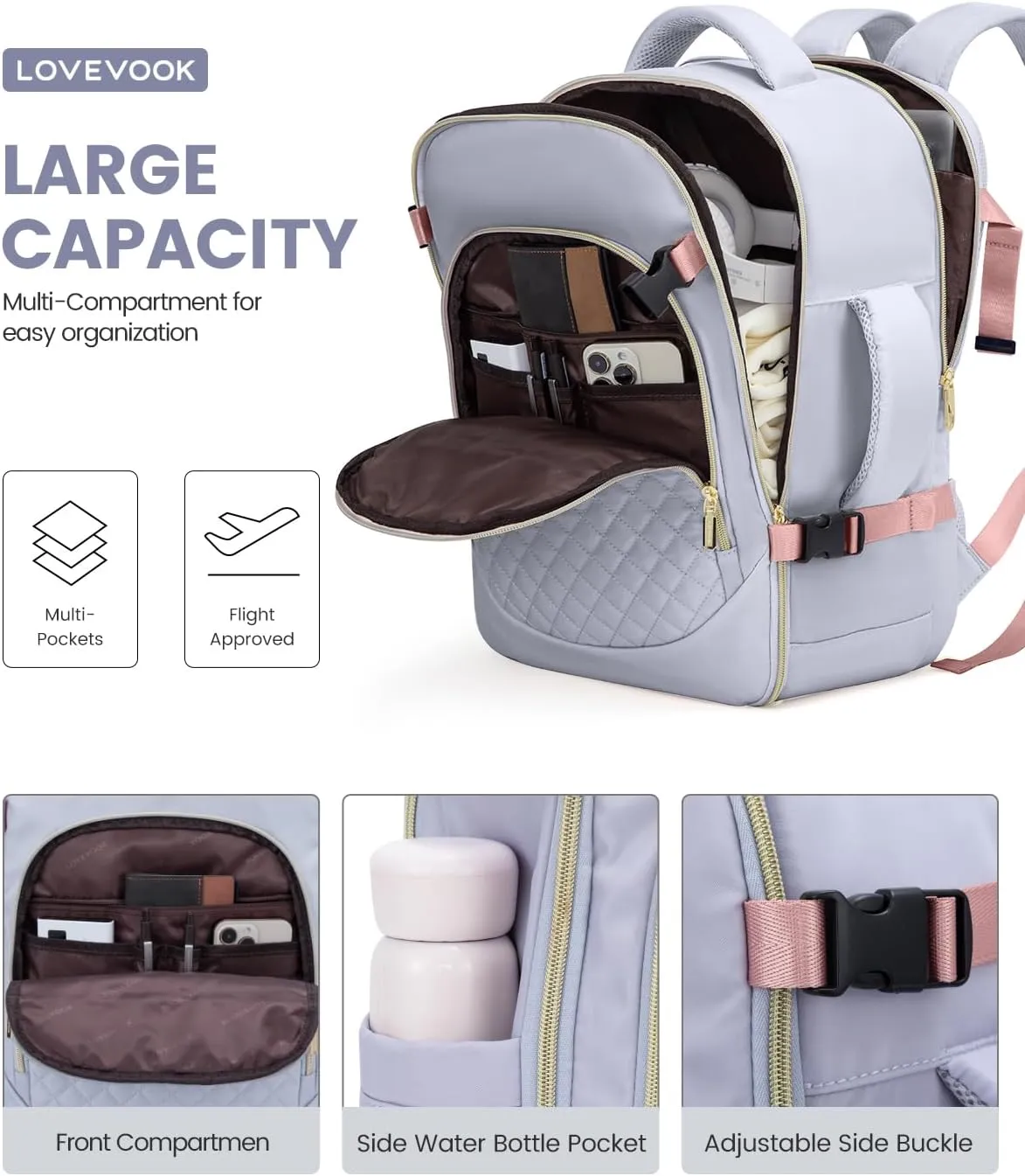 LOVEVOOK Carry on Backpack, 30L Travel Backpack for Women Airline Approved,Luggage Business Weekender Overnight Daypack as Personal Item fit for 15.6 inch Laptop,Silver Gray