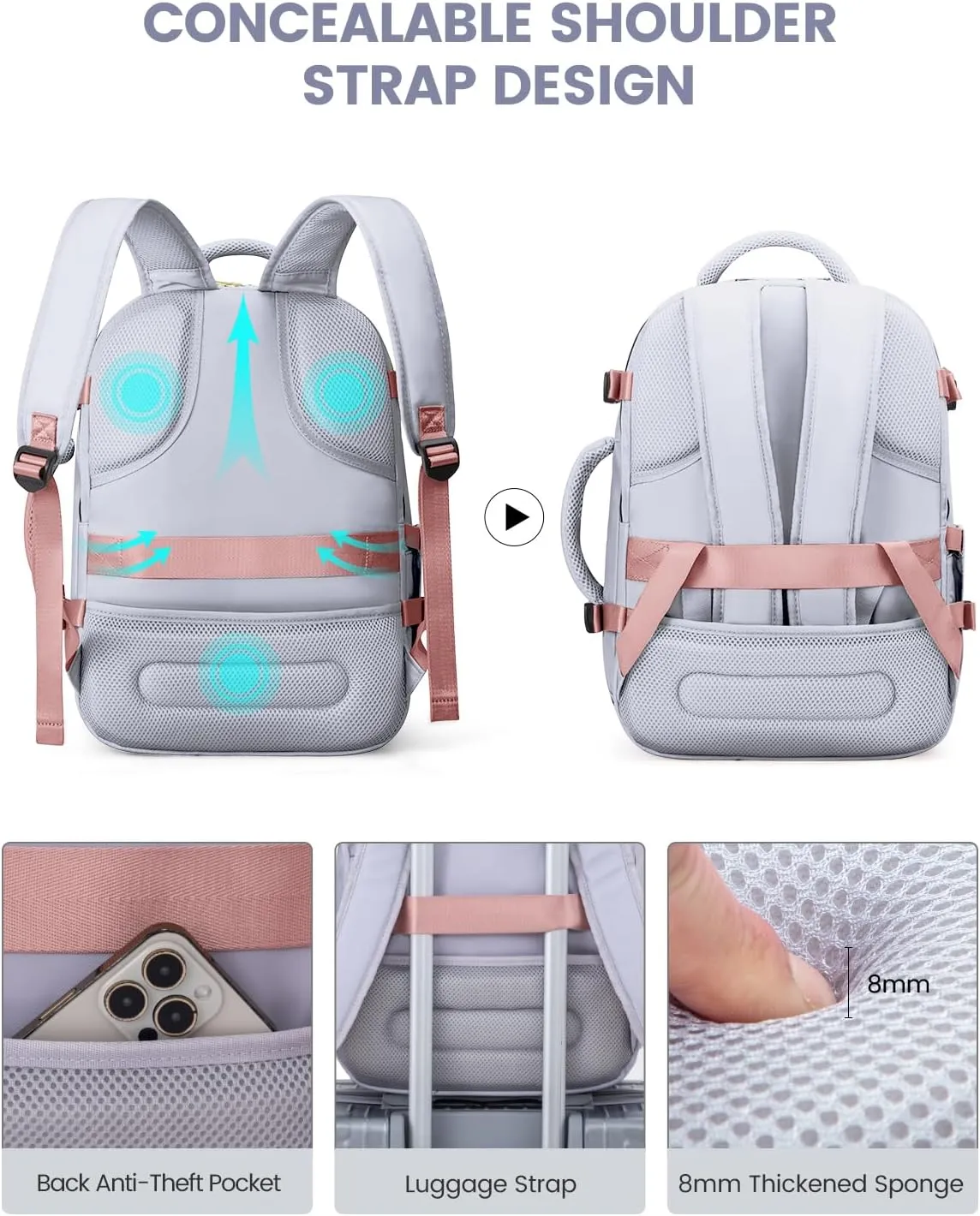 LOVEVOOK Carry on Backpack, 30L Travel Backpack for Women Airline Approved,Luggage Business Weekender Overnight Daypack as Personal Item fit for 15.6 inch Laptop,Silver Gray