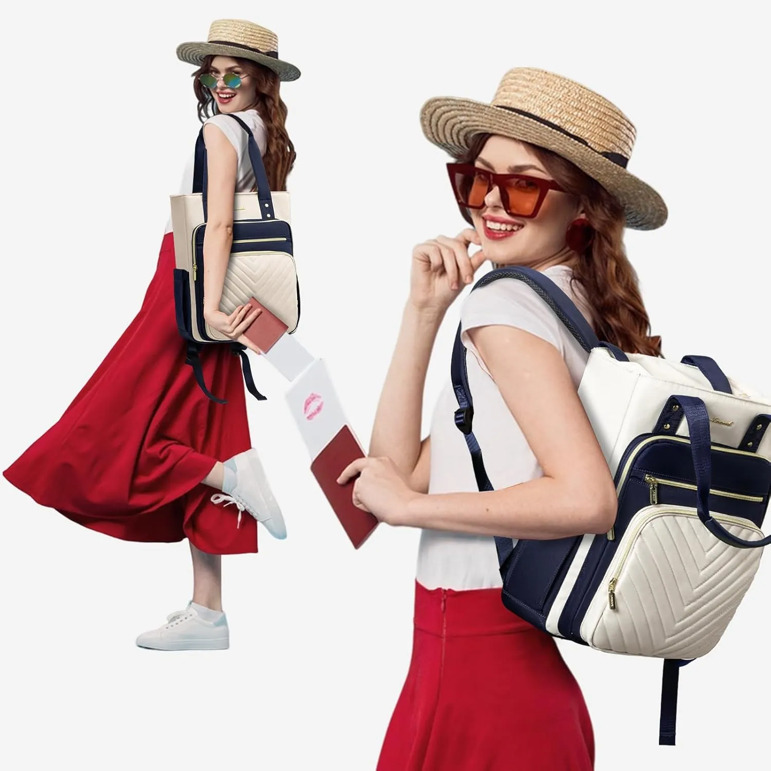 LOVEVOOK Laptop Backpack for Women, 15.6 Inch Work Business Travel Backpack, Fation Teacher Doctor Nurse Backpack Purse, Waterproof Cute Backpack, Navy-Beige
