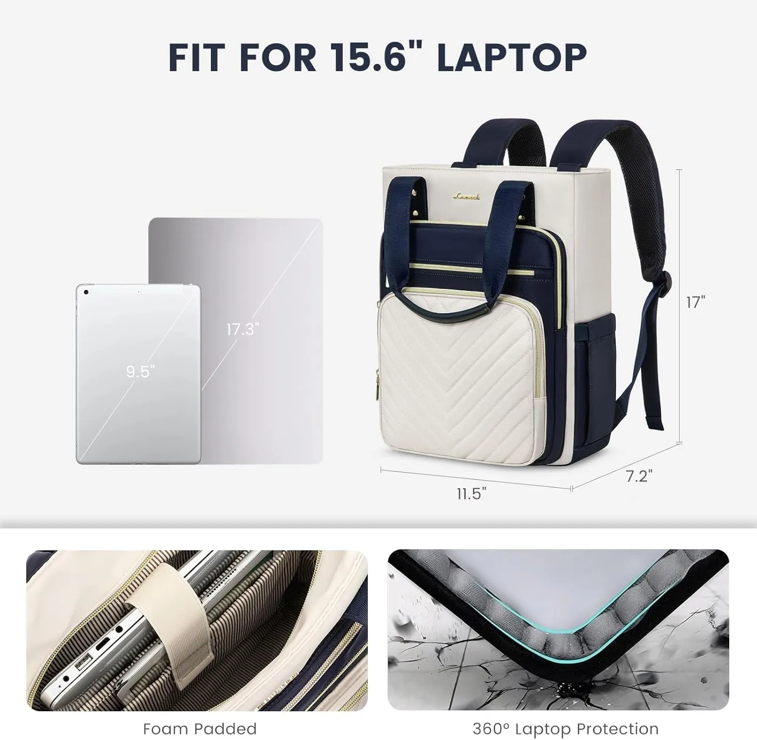 LOVEVOOK Laptop Backpack for Women, 15.6 Inch Work Business Travel Backpack, Fation Teacher Doctor Nurse Backpack Purse, Waterproof Cute Backpack, Navy-Beige