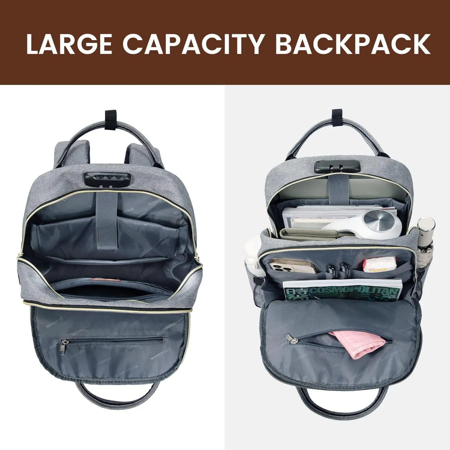 LOVEVOOK Laptop Backpack for Women & Men, Unisex Travel Anti-theft Work Bag, Business Computer College Backpacks Purse, Casual Hiking Outdoor Carry On Daypack with Lock, Fits 15.6 Inch Laptop, Grey