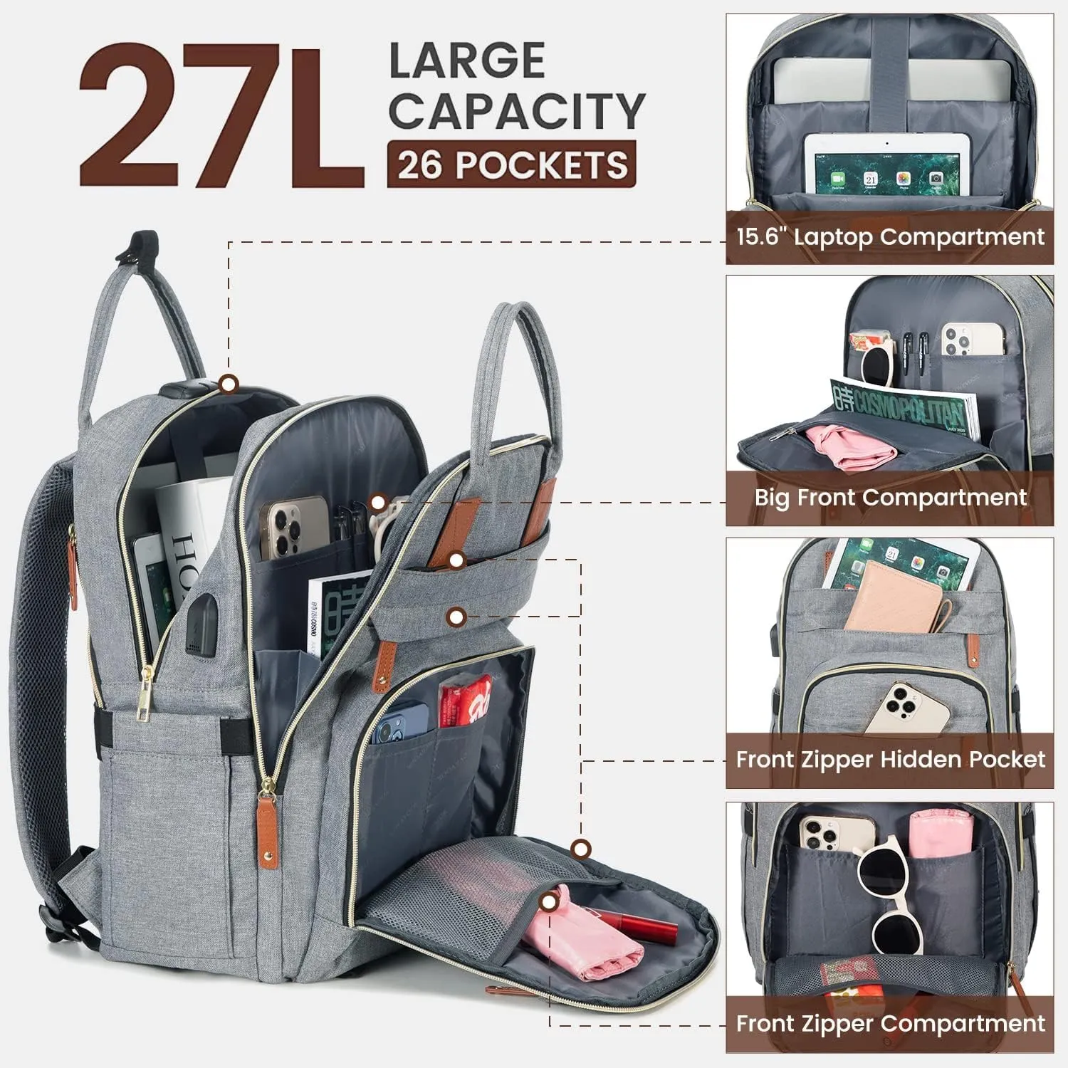 LOVEVOOK Laptop Backpack for Women & Men, Unisex Travel Anti-theft Work Bag, Business Computer College Backpacks Purse, Casual Hiking Outdoor Carry On Daypack with Lock, Fits 15.6 Inch Laptop, Grey