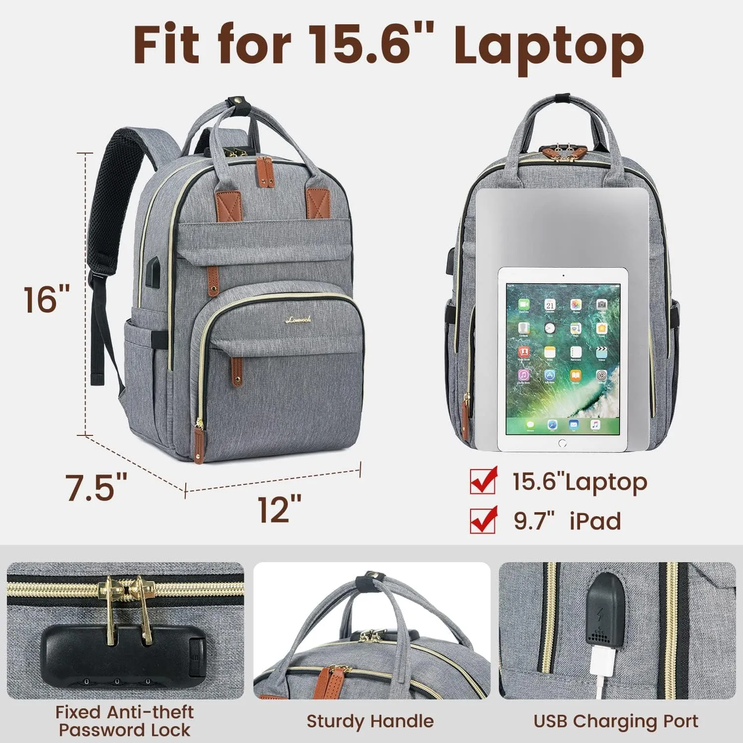 LOVEVOOK Laptop Backpack for Women & Men, Unisex Travel Anti-theft Work Bag, Business Computer College Backpacks Purse, Casual Hiking Outdoor Carry On Daypack with Lock, Fits 15.6 Inch Laptop, Grey