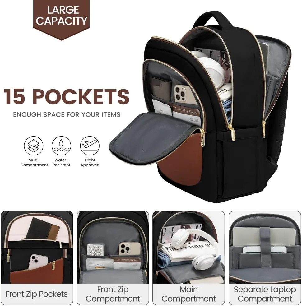 LOVEVOOK Laptop Backpack for Women, College Travel Copmputer Backpack, 17.3 Inch Work Backpacks with USB Port, Waterproof Back Pack with Laptop Compartment for Teacher Nurse, Black-White-Brown