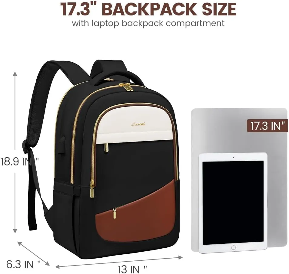 LOVEVOOK Laptop Backpack for Women, College Travel Copmputer Backpack, 17.3 Inch Work Backpacks with USB Port, Waterproof Back Pack with Laptop Compartment for Teacher Nurse, Black-White-Brown