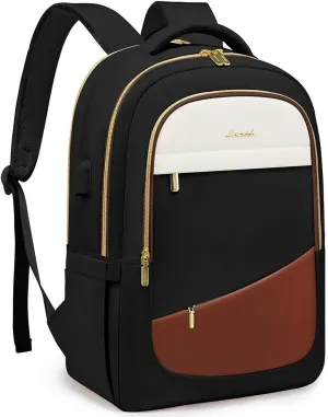 LOVEVOOK Laptop Backpack for Women, College Travel Copmputer Backpack, 17.3 Inch Work Backpacks with USB Port, Waterproof Back Pack with Laptop Compartment for Teacher Nurse, Black-White-Brown