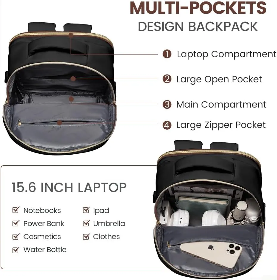 LOVEVOOK Laptop Backpack for Women, College Travel Copmputer Backpack, 17.3 Inch Work Backpacks with USB Port, Waterproof Back Pack with Laptop Compartment for Teacher Nurse, Black-White-Brown