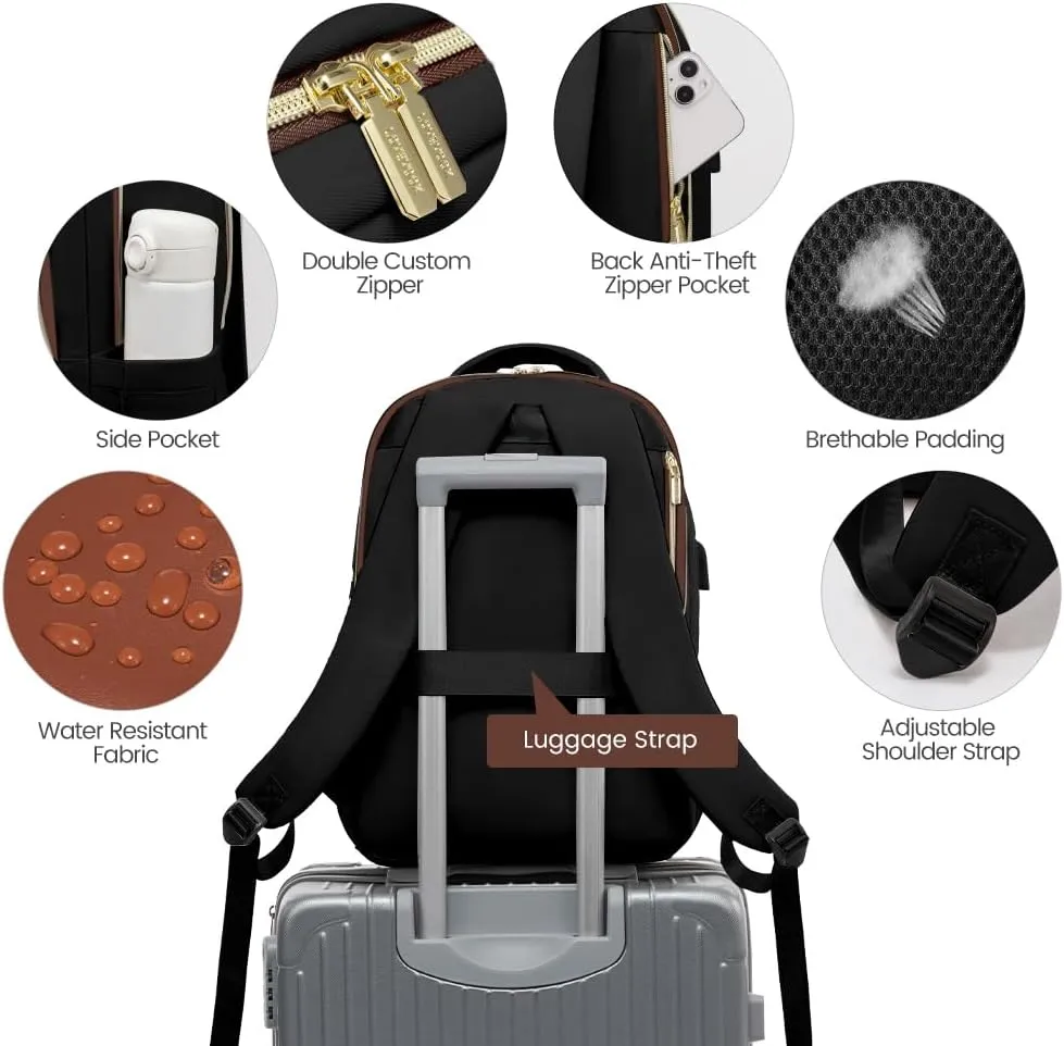LOVEVOOK Laptop Backpack for Women, College Travel Copmputer Backpack, 17.3 Inch Work Backpacks with USB Port, Waterproof Back Pack with Laptop Compartment for Teacher Nurse, Black-White-Brown