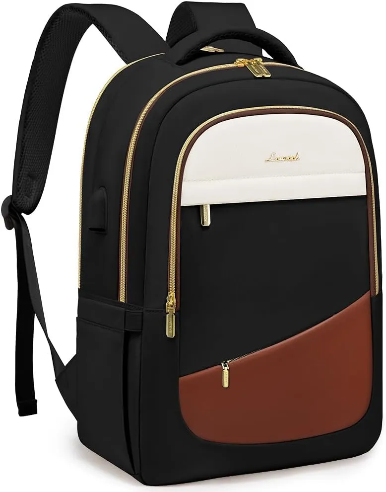 LOVEVOOK Laptop Backpack for Women, College Travel Copmputer Backpack, 17.3 Inch Work Backpacks with USB Port, Waterproof Back Pack with Laptop Compartment for Teacher Nurse, Black-White-Brown