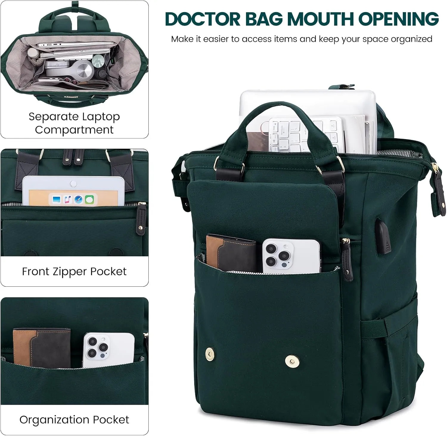 LOVEVOOK Laptop Backpack for Women, Teacher Nurse Bag Work Travel Computer Backpacks Purse,Water Resistant Daypack with USB Charging Port,Dark Green 15.6in