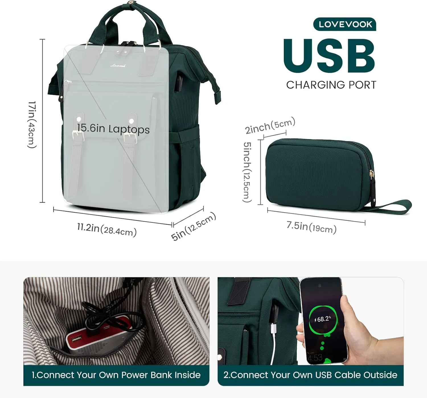 LOVEVOOK Laptop Backpack for Women, Teacher Nurse Bag Work Travel Computer Backpacks Purse,Water Resistant Daypack with USB Charging Port,Dark Green 15.6in