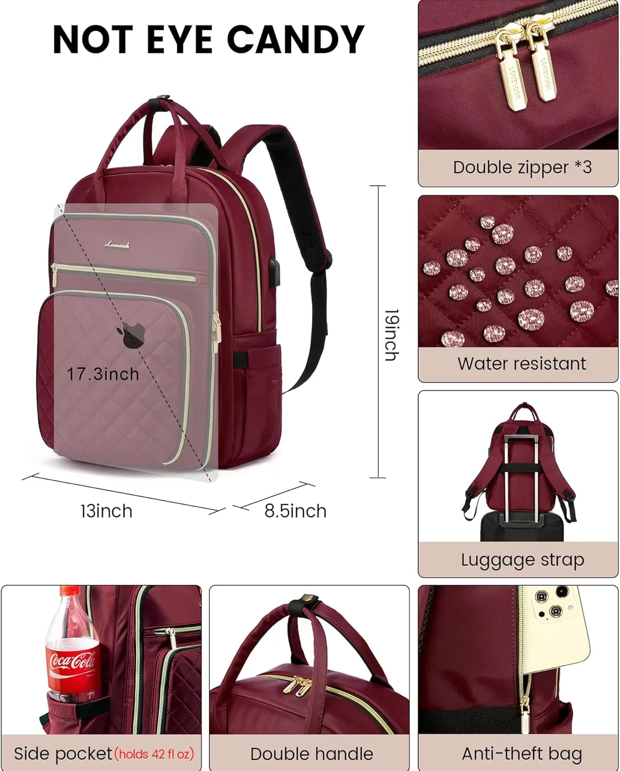 LOVEVOOK Laptop Backpack for Women, Work Travel Backpack Purse for Women Water Resistant, Nurse Bag Teacher Computer Backpack with USB Charging Port, Fits 17.3'' Laptop Wine