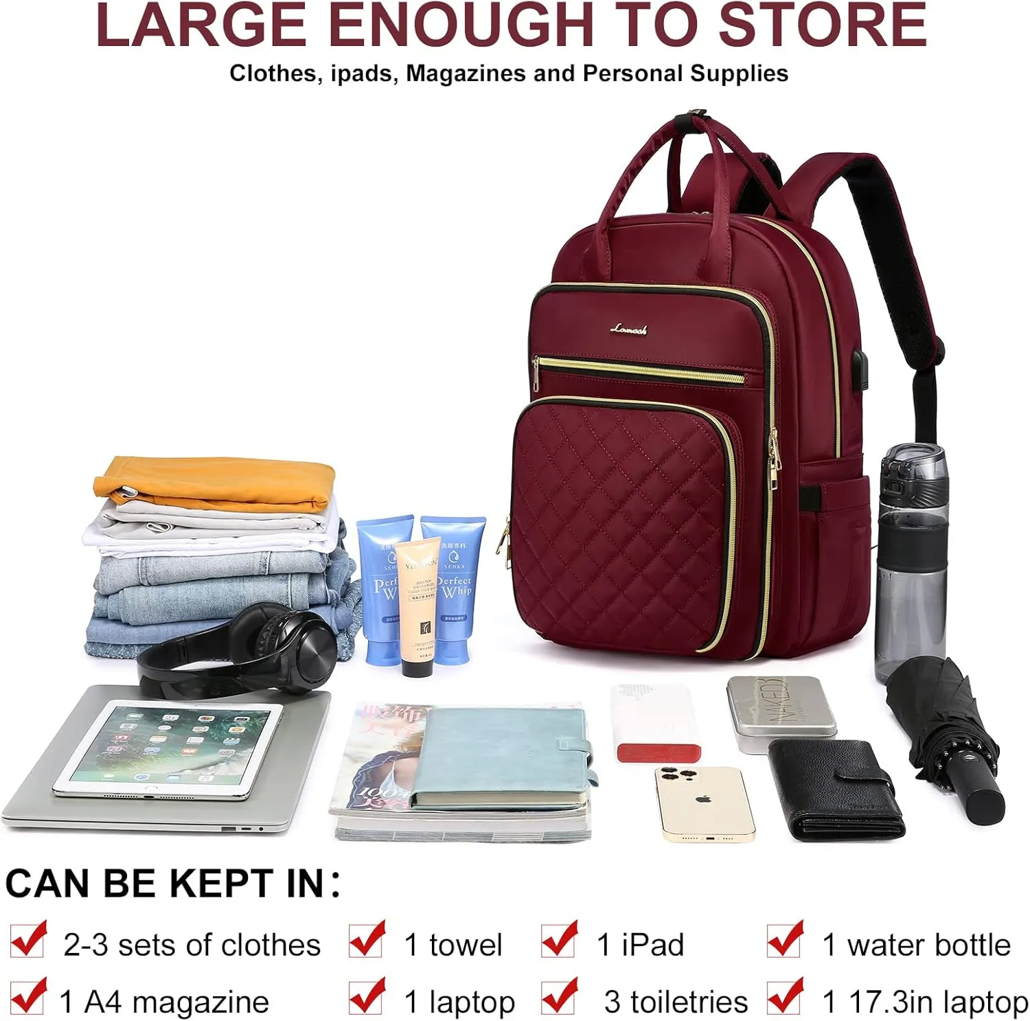 LOVEVOOK Laptop Backpack for Women, Work Travel Backpack Purse for Women Water Resistant, Nurse Bag Teacher Computer Backpack with USB Charging Port, Fits 17.3'' Laptop Wine
